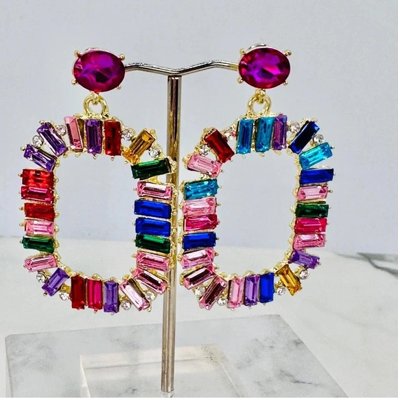 Glam Rhinestone Statement Earrings Colorful Baguette Dangle Rainbow Brig… - Picture 1 of 10